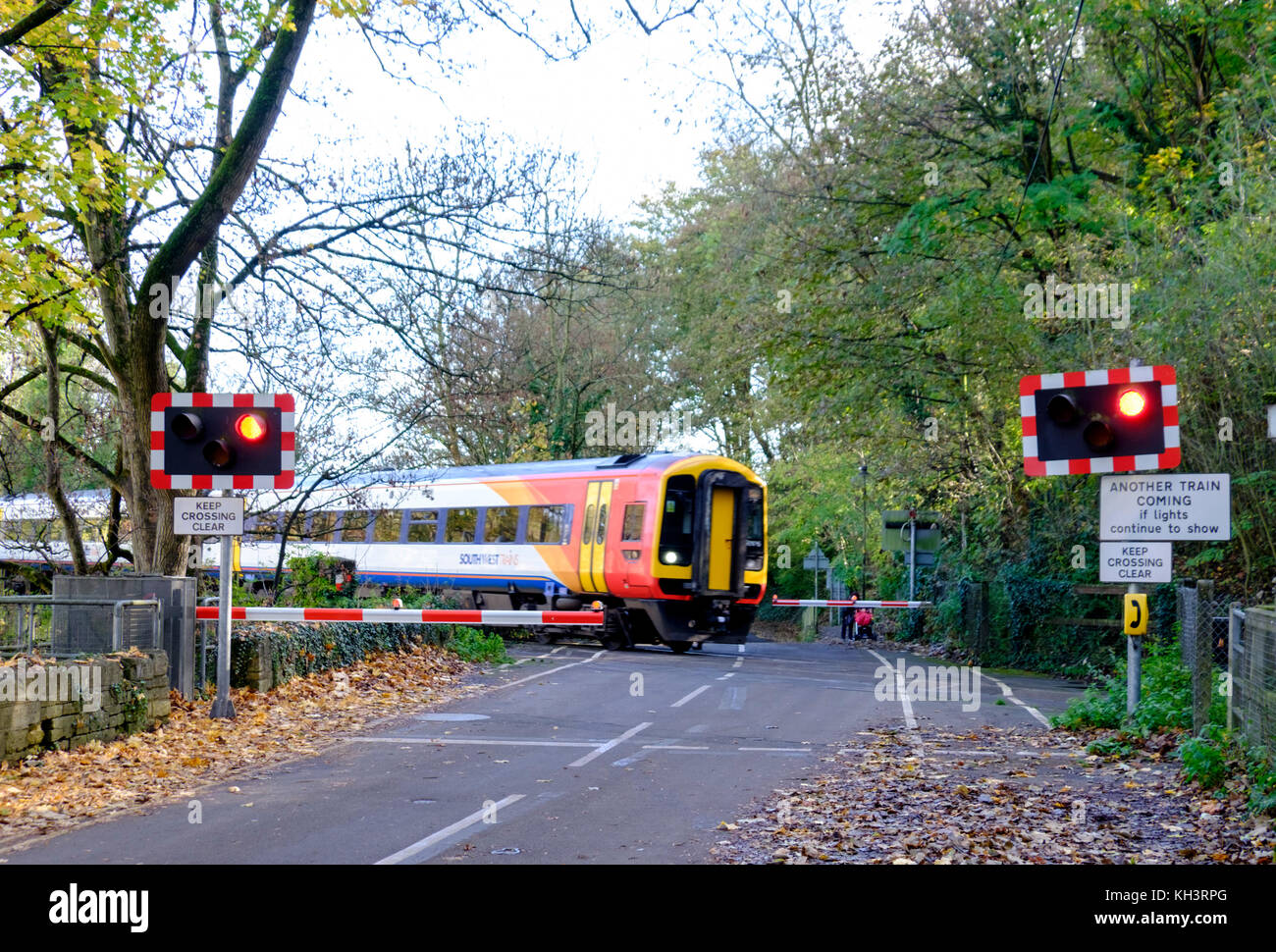 Around the small Wiltshire town of Bradford-on-Avon, wiltshire,England UK Train and level crossing Stock Photo