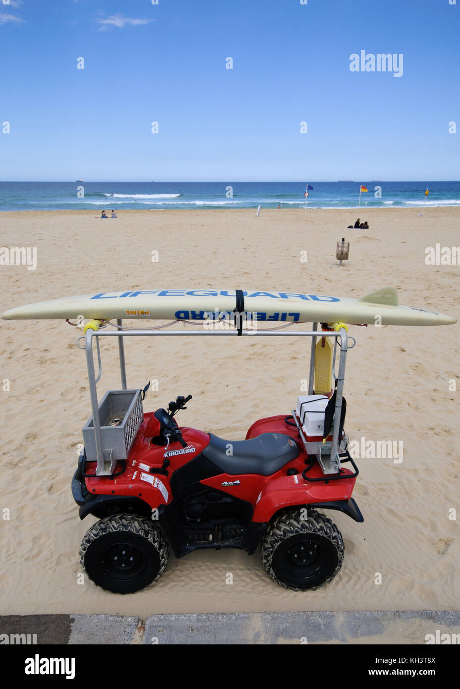 Lifeguard Quadbike and Surfboard on Newcastle Beach, Australia Stock Photo