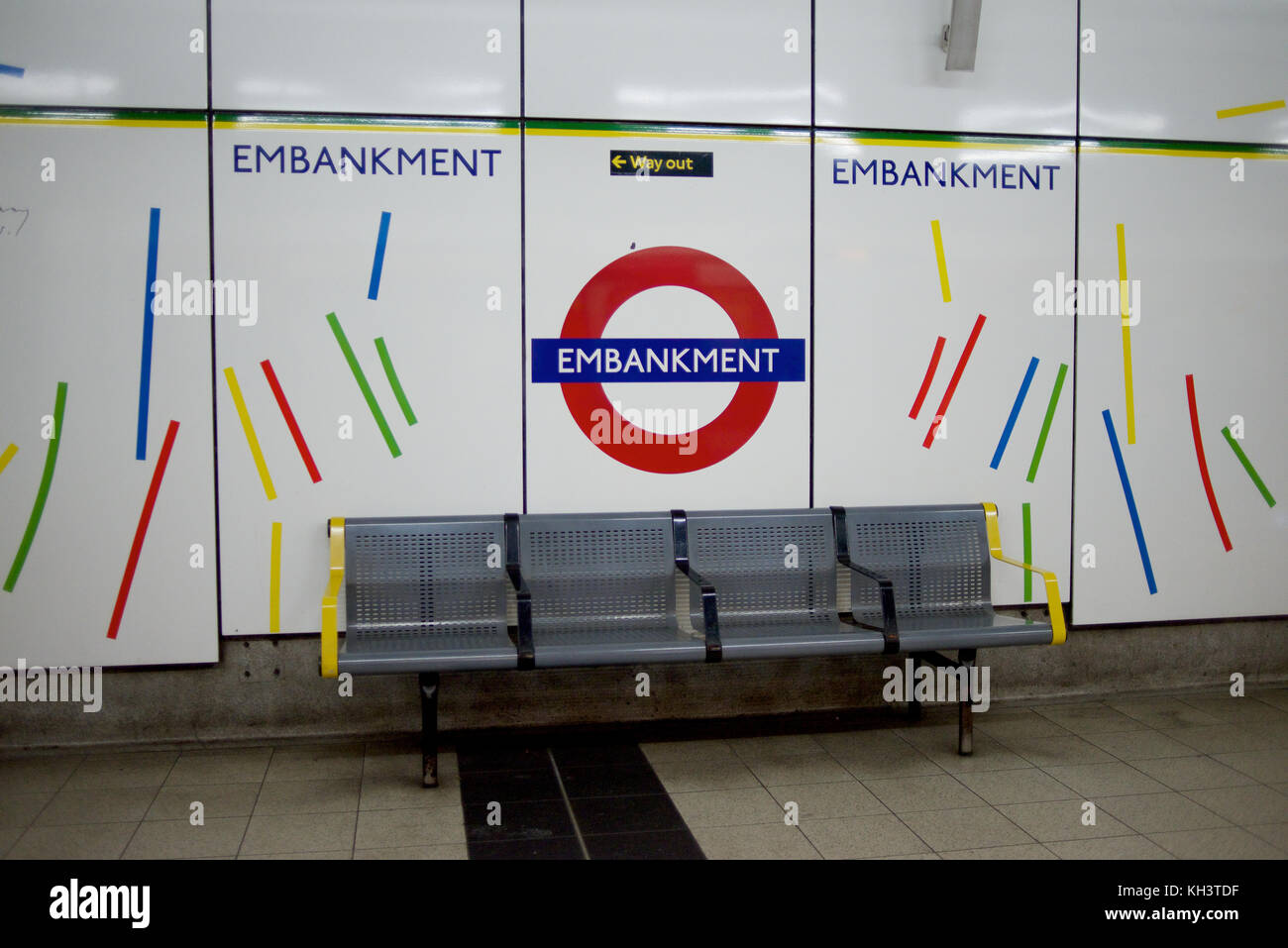 Embankment station and bench on the London Underground Stock Photo