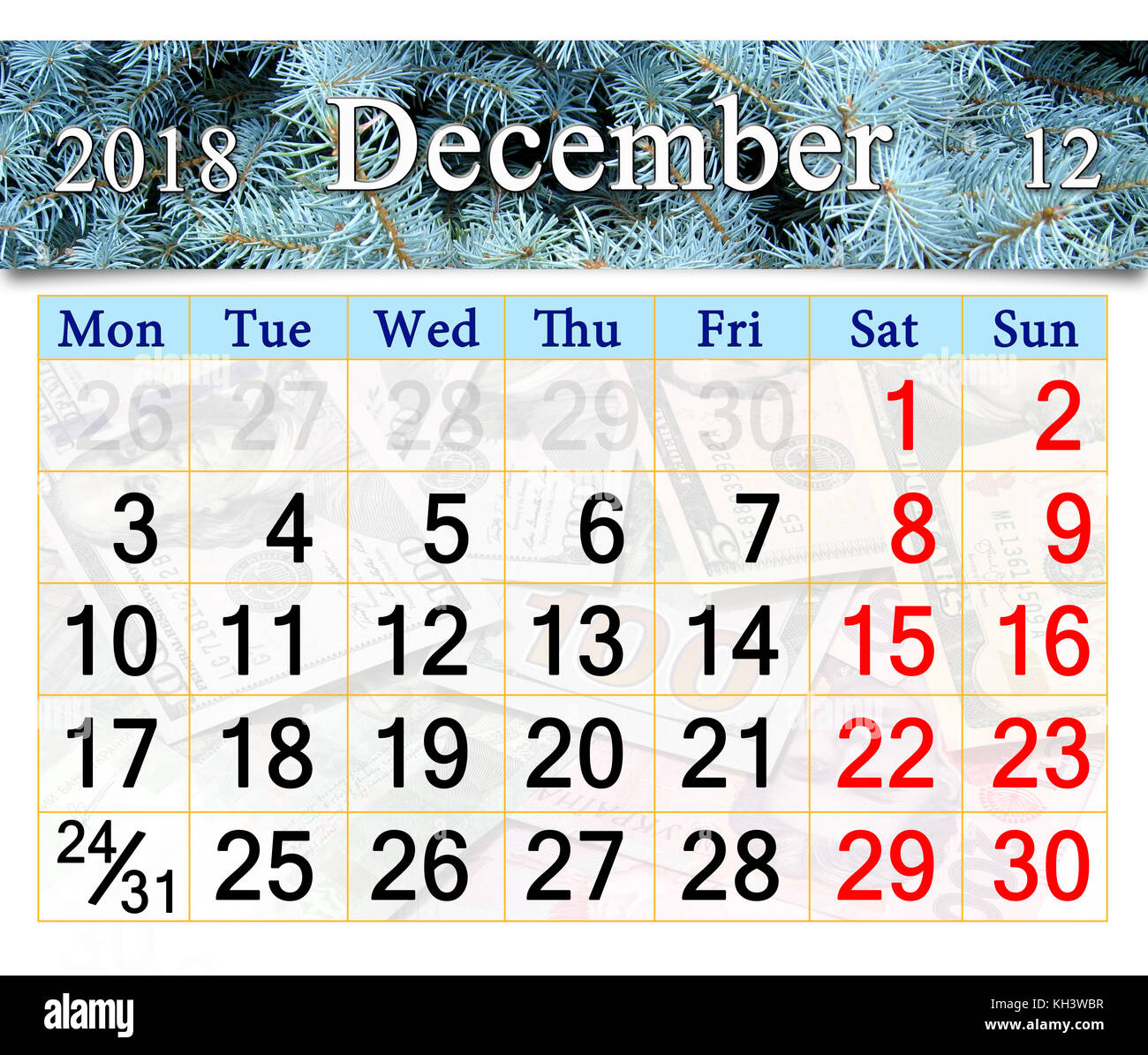 beautiful calendar for December 2018 with horizontal ribbon of picture ...