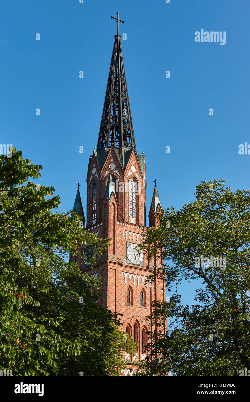 Neogothic red brick church tower in Pori. Finland. Suomi. Europe Stock Photo