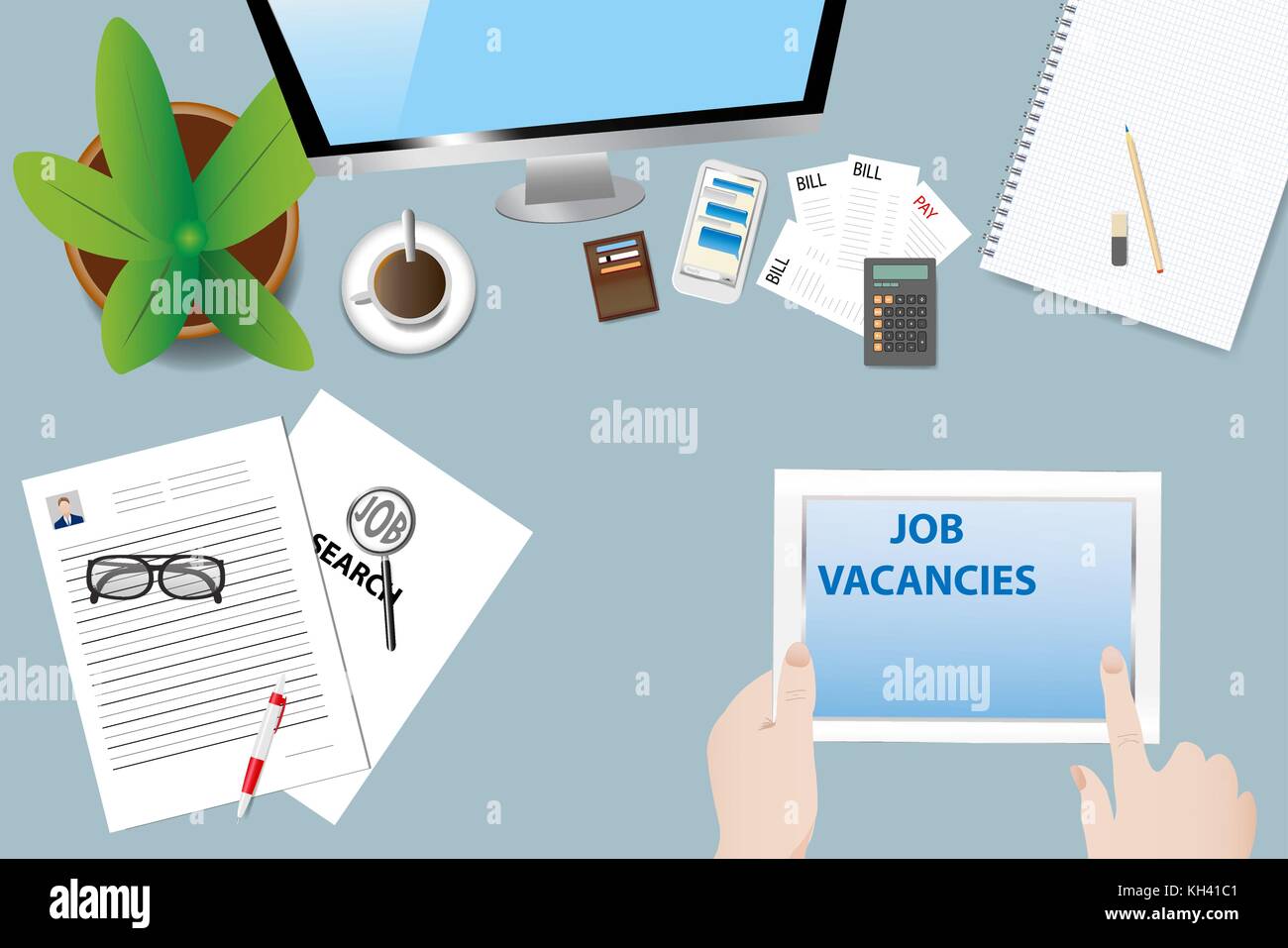 Top view of the office desk with office equipment. Hands are holding