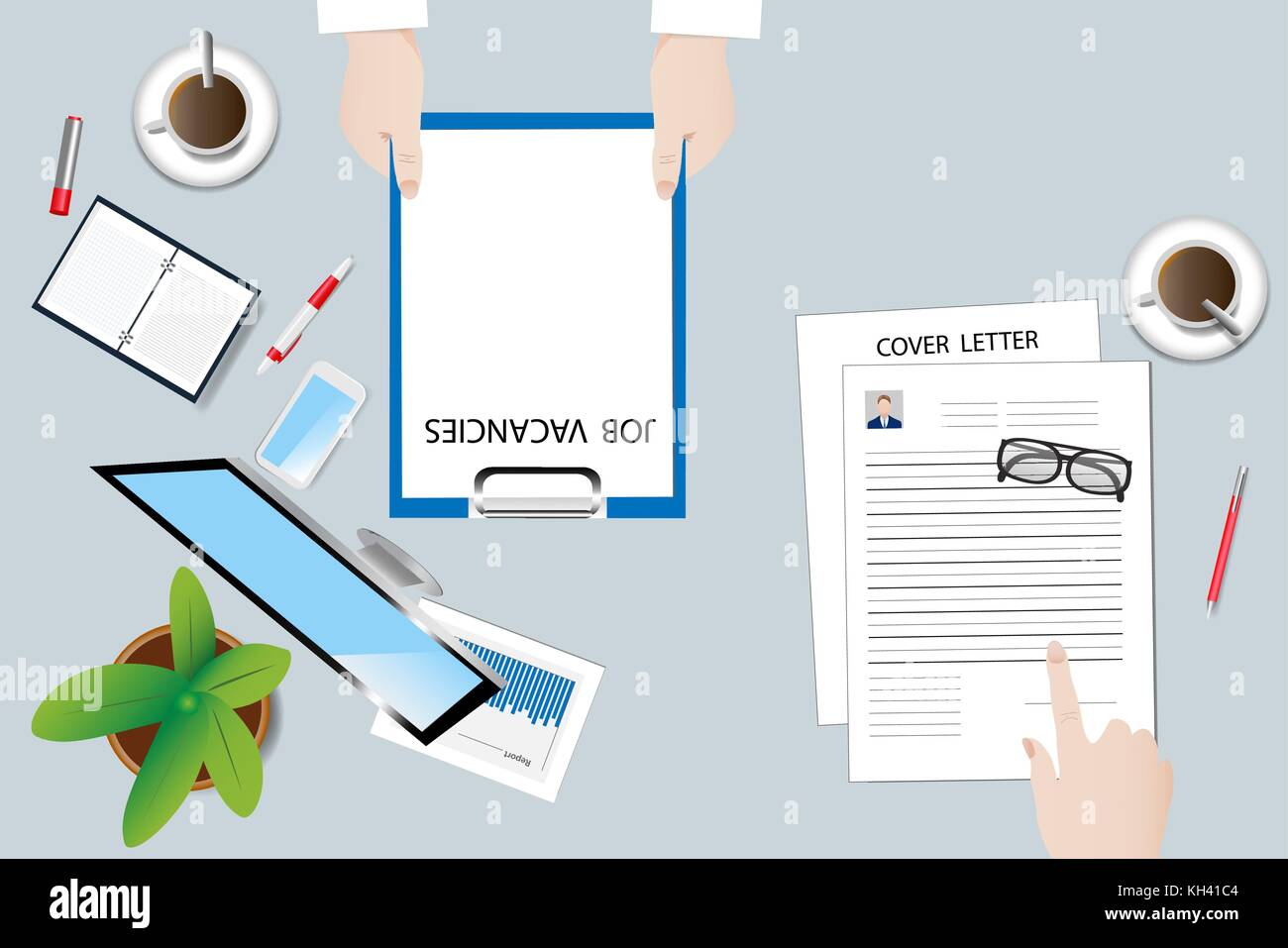 Top view of the office desk with office equipment. Personnel manager