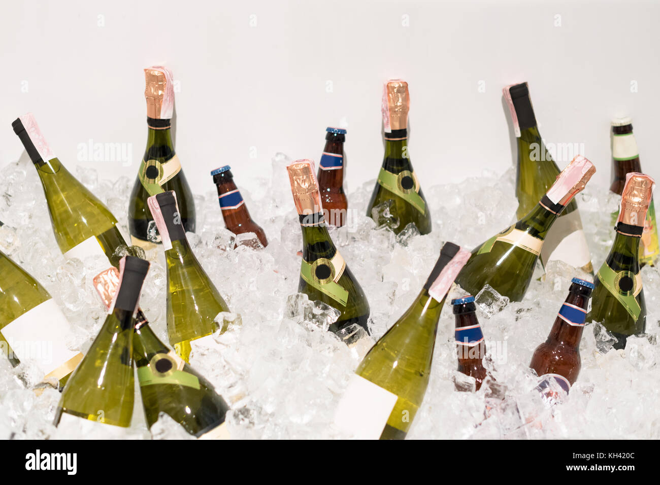 Champagne and beer with ice in the bathroom. Party drinks. Stock Photo