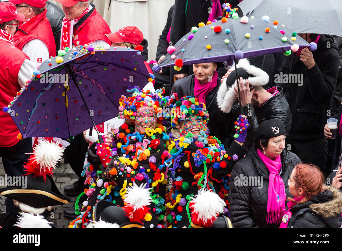 Colourful costumes on display. The German Carnival season traditionally begins with the Hoppeditz Erwachen event on 11 November, Düsseldorf, Germany, and runs to Ash Wednesday the following year. Stock Photo