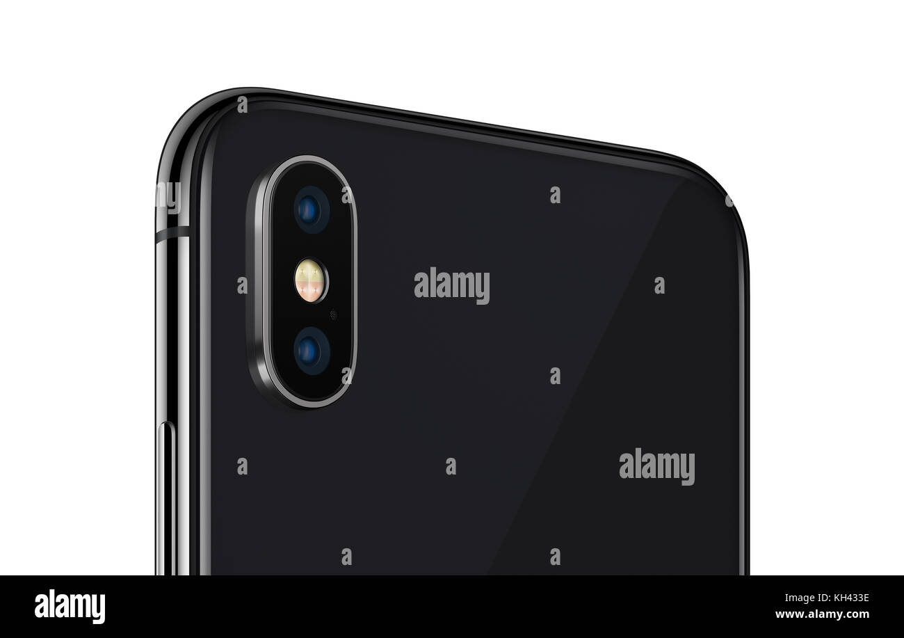 Black rotated smartphone similar to iPhone X back side close up with camera module isolated on white background Stock Photo