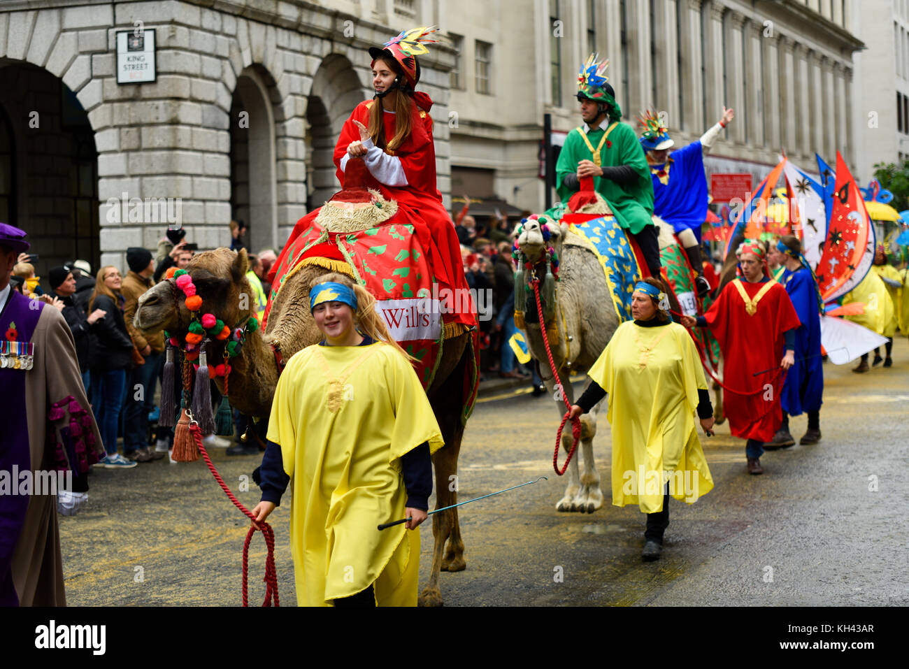 The Worshipful Company of Grocers camel train at the Lord Mayor's Show Procession Parade along Cheapside, London. Camels in the City. Space for copy Stock Photo
