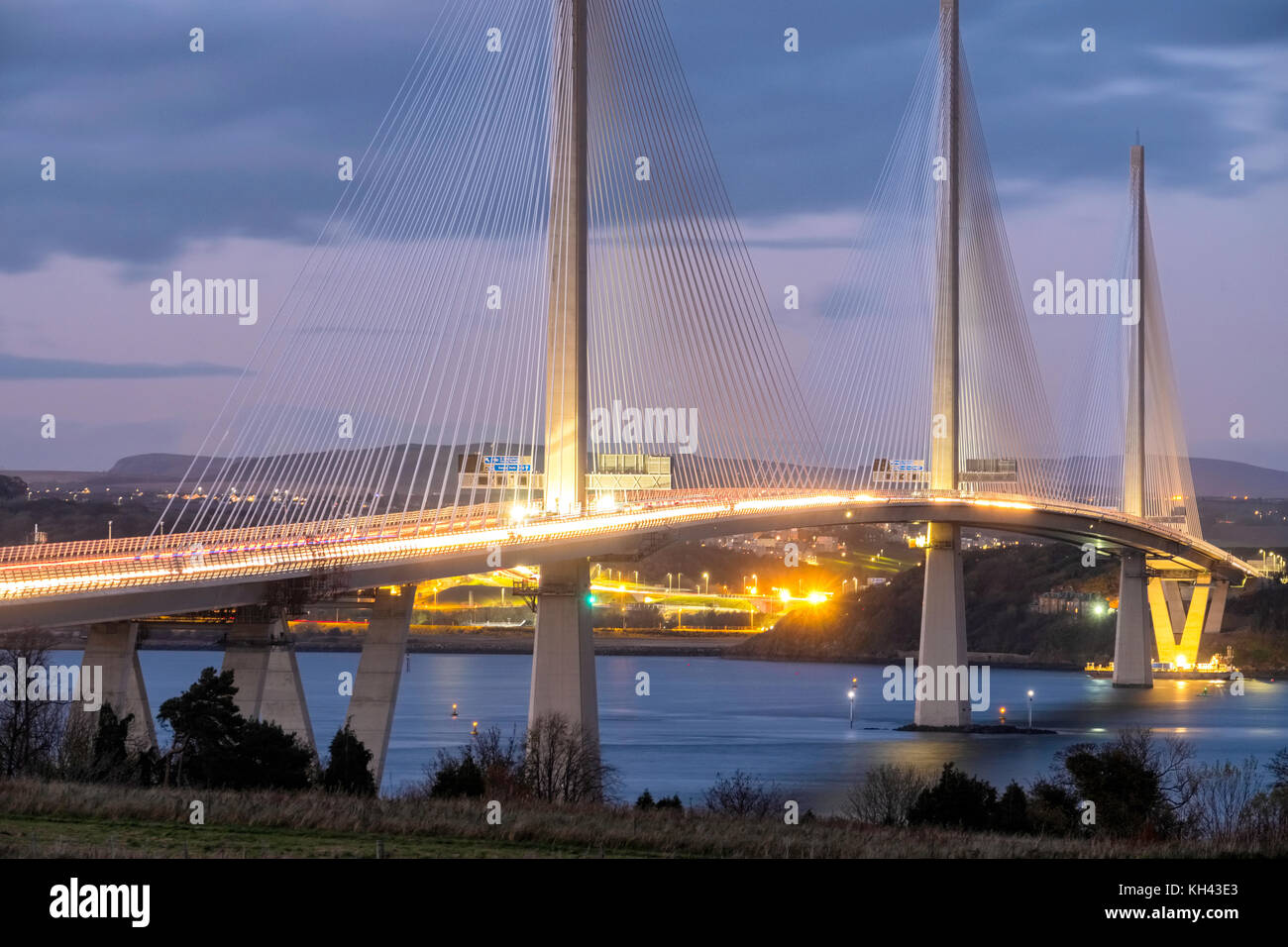 Evening view of new Queensferry Crossing bridge spanning Firth of Forth between West Lothian and Fife in Scotland, United Kingdom Stock Photo