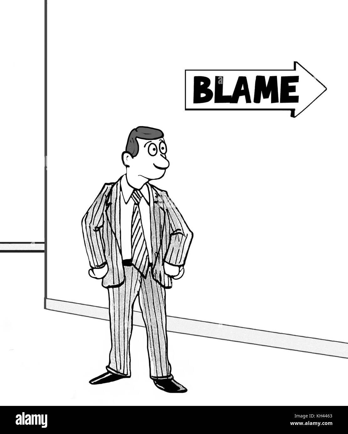 Business cartoon illustration showing a business man starting to head down the 'blame' hallway. Stock Photo
