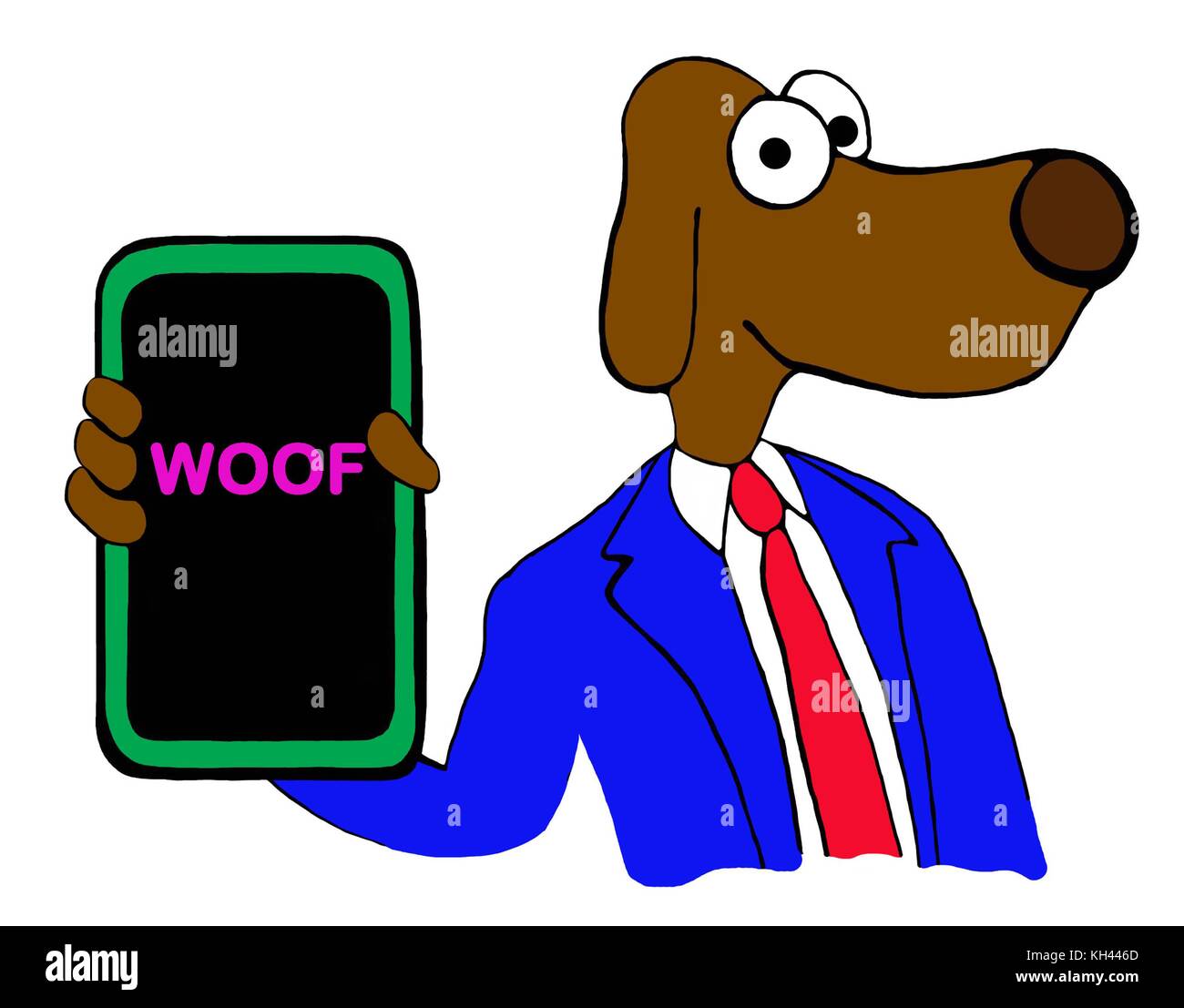 Cartoon illustration of a dog holding a cell phone with a screen that reads 'woof'. Stock Photo