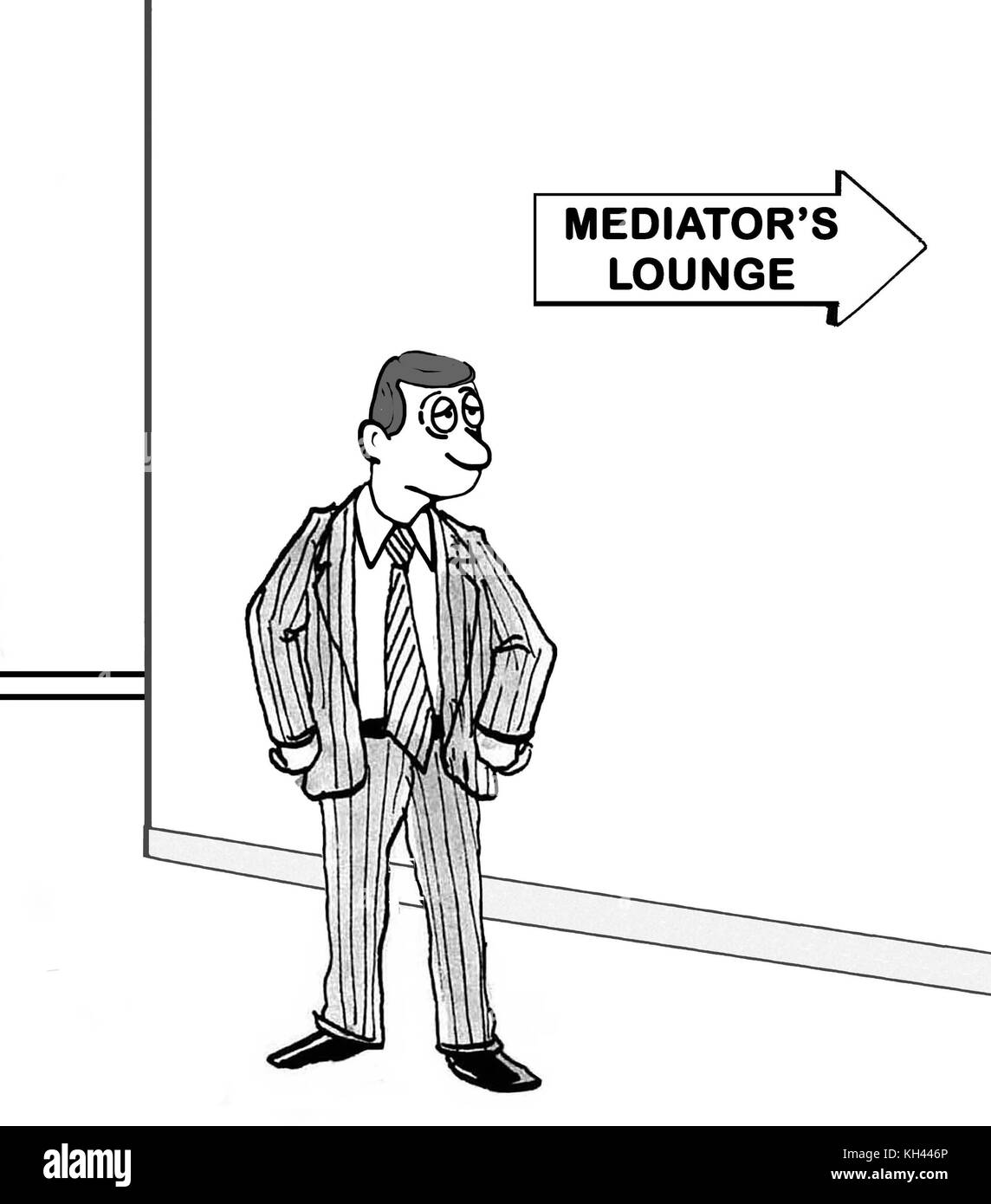 Cartoon showing a tired man headed to the mediator's lounge. Stock Photo