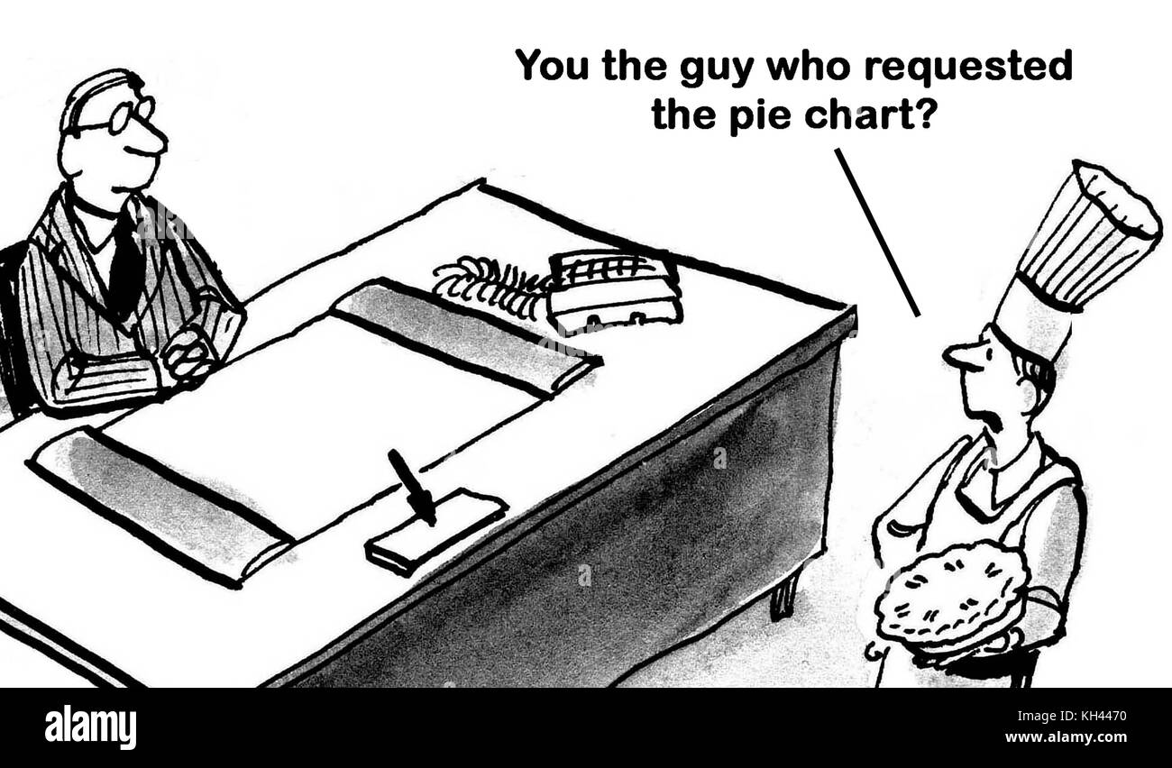 Business cartoon about a manager getting a pie in the face for requesting a pie chart. Stock Photo