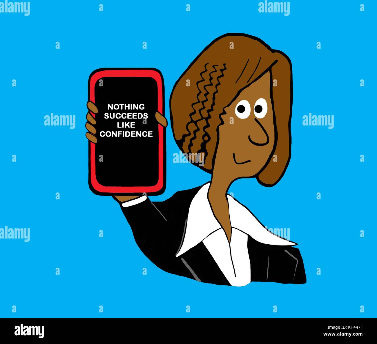 Business cartoon illustration showing a smiling, black business woman who believes 'nothing succeeds like confidence'. Stock Photo