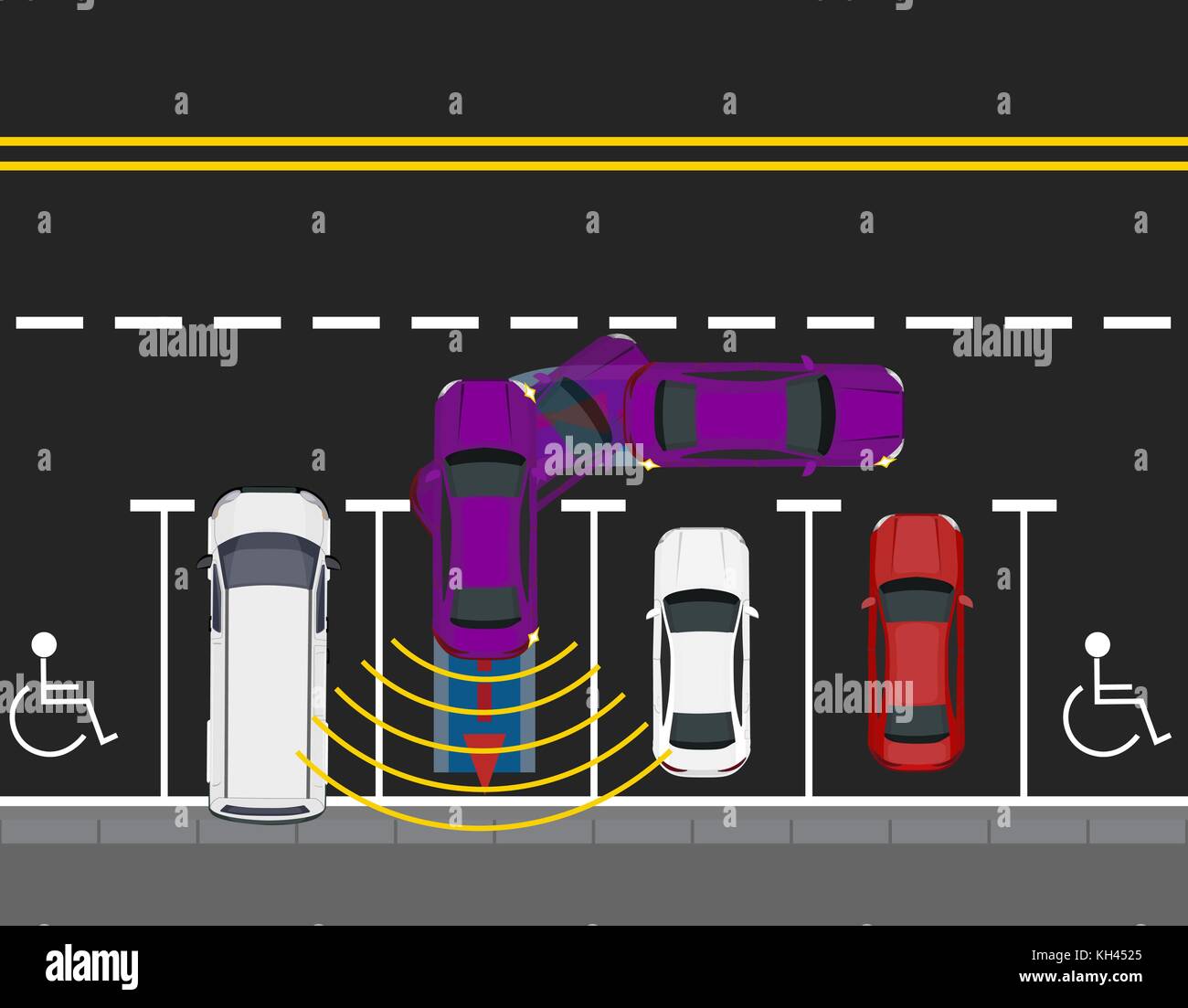 Colored parked cars parked by the road, top view. Scheme of parking a