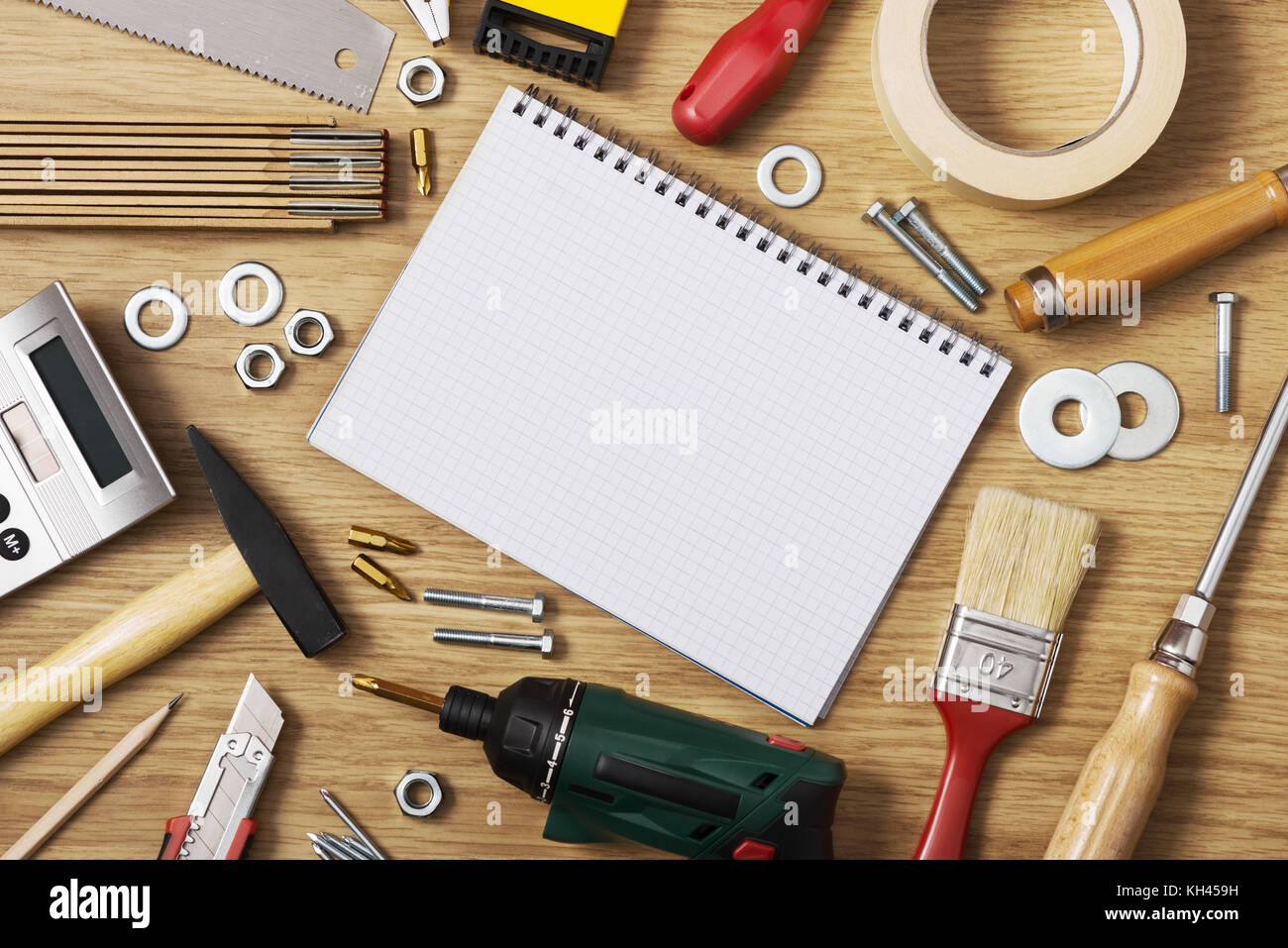 Home DIY and improvement concept, blank notebook with work tools all ...