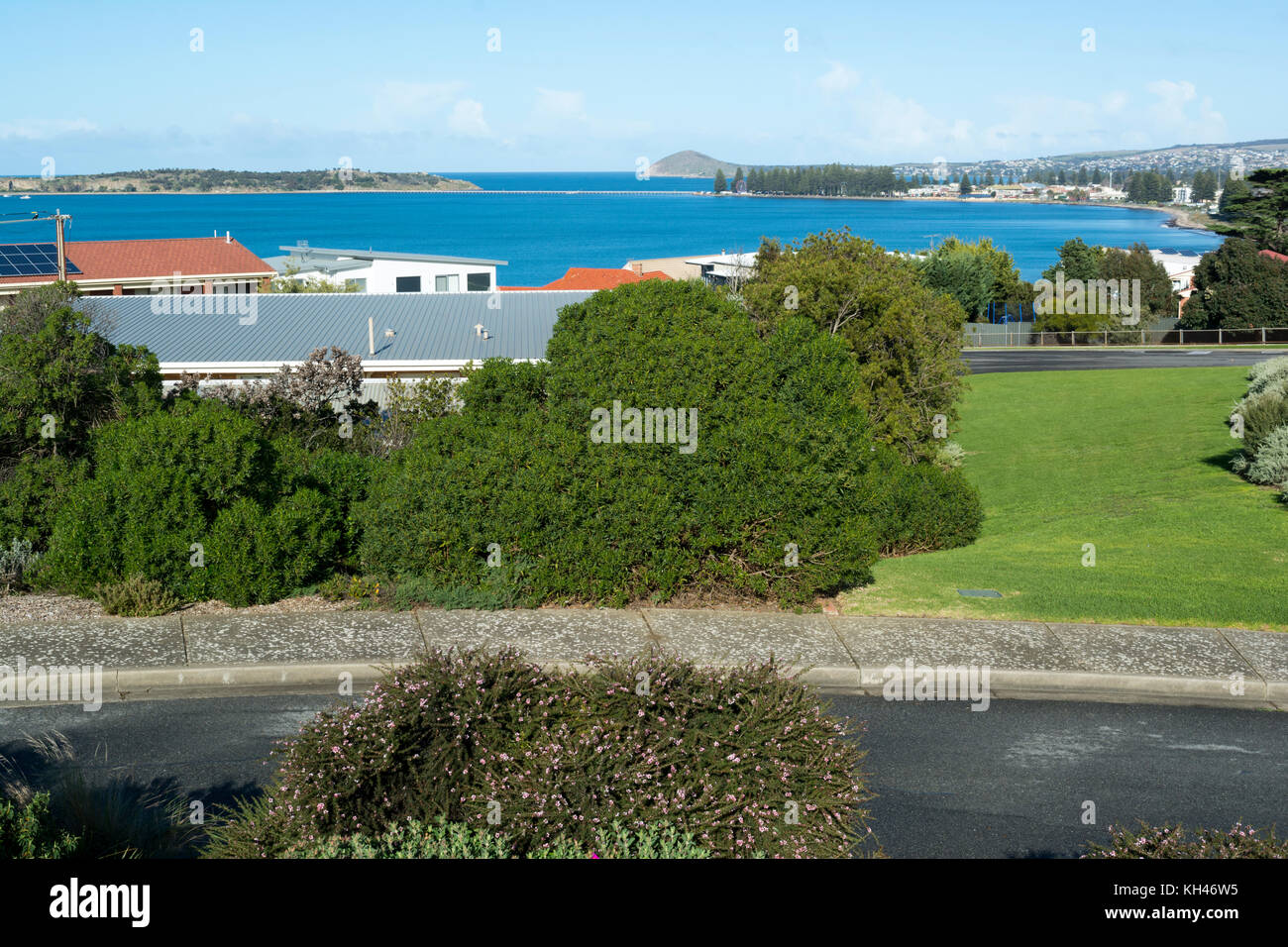 View from the Kleinig Hill Lookout at Victor Harbor.  Featuring the Bluff, Granite Island and the foot bridge / jetty in the distance. Stock Photo