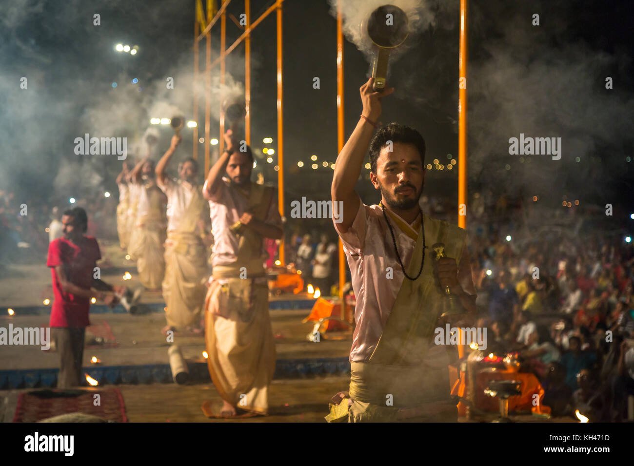 Varanasi Ganga aarti ceremony rituals performed by Hindu priests at Dashashwamedh Ghat at Varanasi, India. Stock Photo