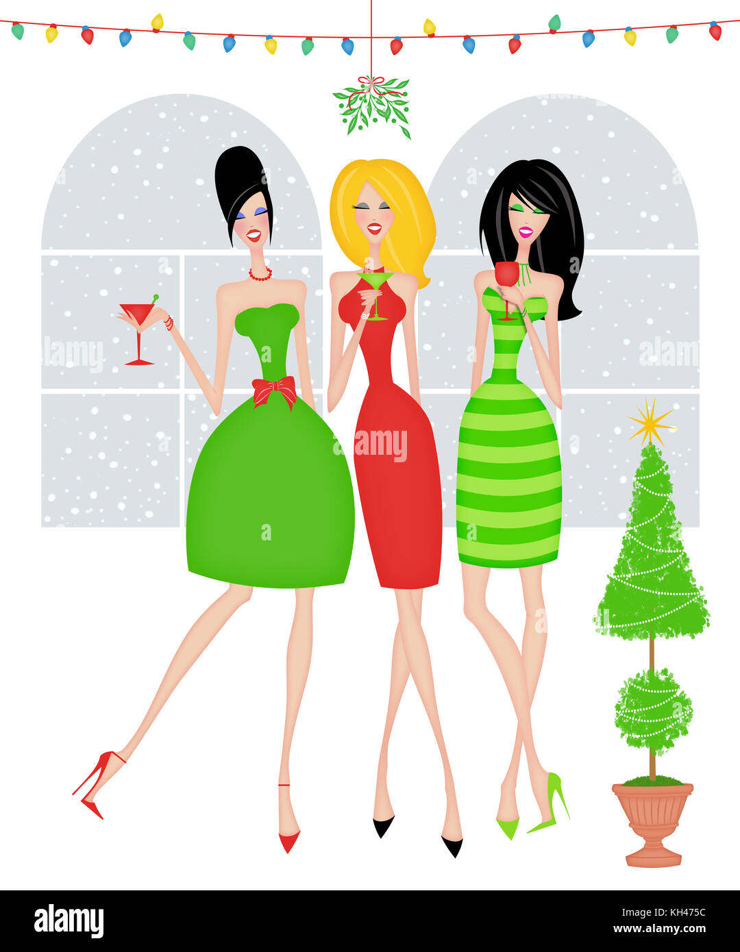 Girlfriends at a Christmas party under the mistletoe Stock Photo