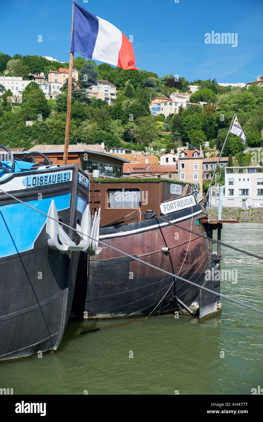 Close Up View of Vintage Houseboats on the Saone River, Lyon, France Stock Photo