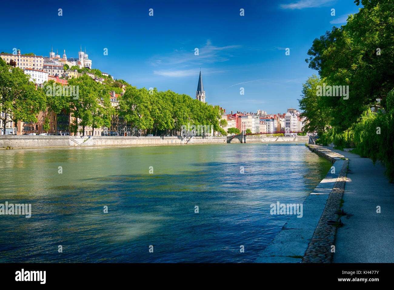 Low Angle View of Old Lyon from the Banks of the Saone River, Auvergne-Rhône-Alpes, France Stock Photo