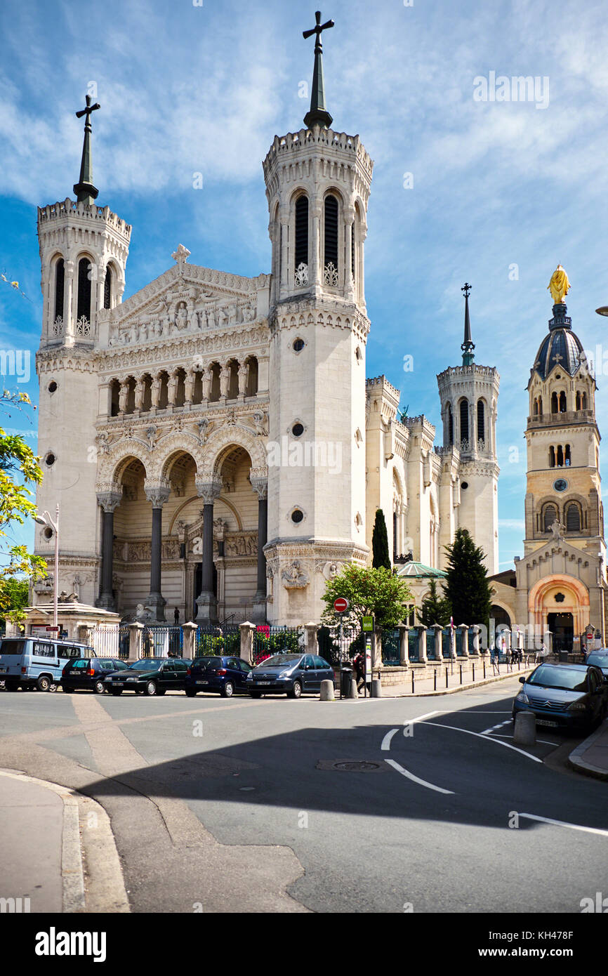Low Angle View of the Basilica of Notre-Dame de Fourvière, Lyon, France Stock Photo