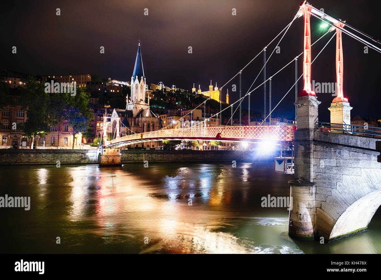 St George's Footbridge Over the Saone River at Night with Old Lyon,Auvergne-Rhône-Alpes, France Stock Photo
