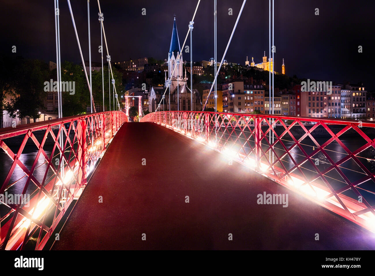 Night View of Old Lyon from the St Georges Bridge, Auvergne-Rhône-Alpes, France Stock Photo