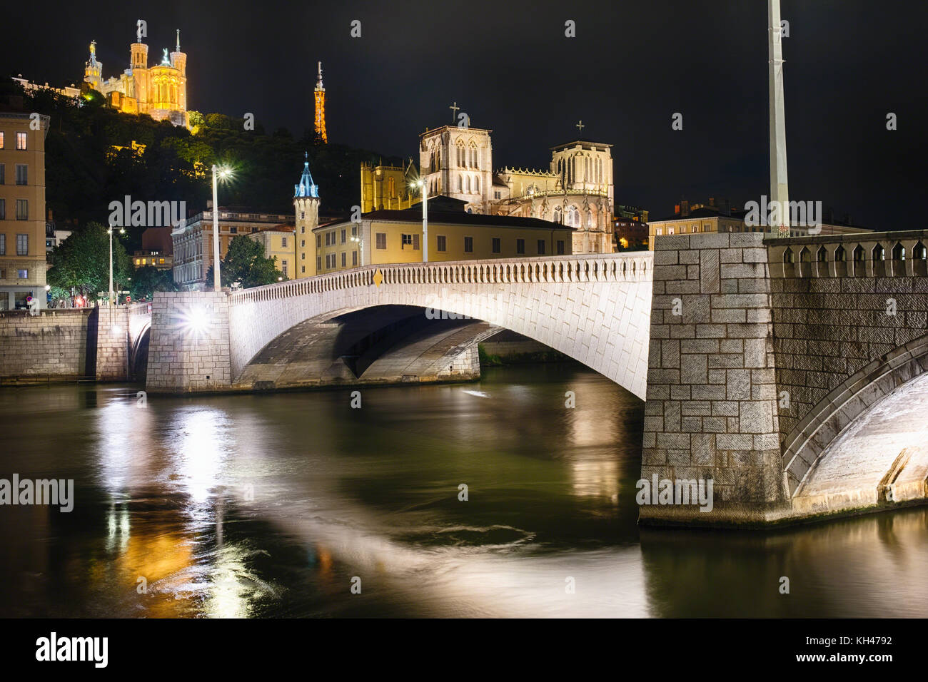 Night View of  the Bonaparte Bridge, with Old Lyon Skyline, Lyon,Auvergne-Rhône-Alpes, France Stock Photo