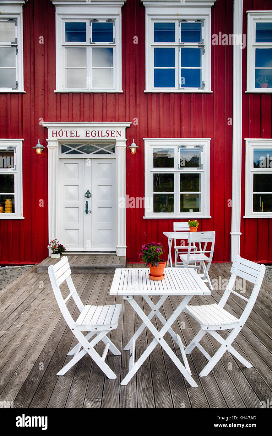 View of a Country Inn Entrance, Stykkishólmur, Iceland Stock Photo