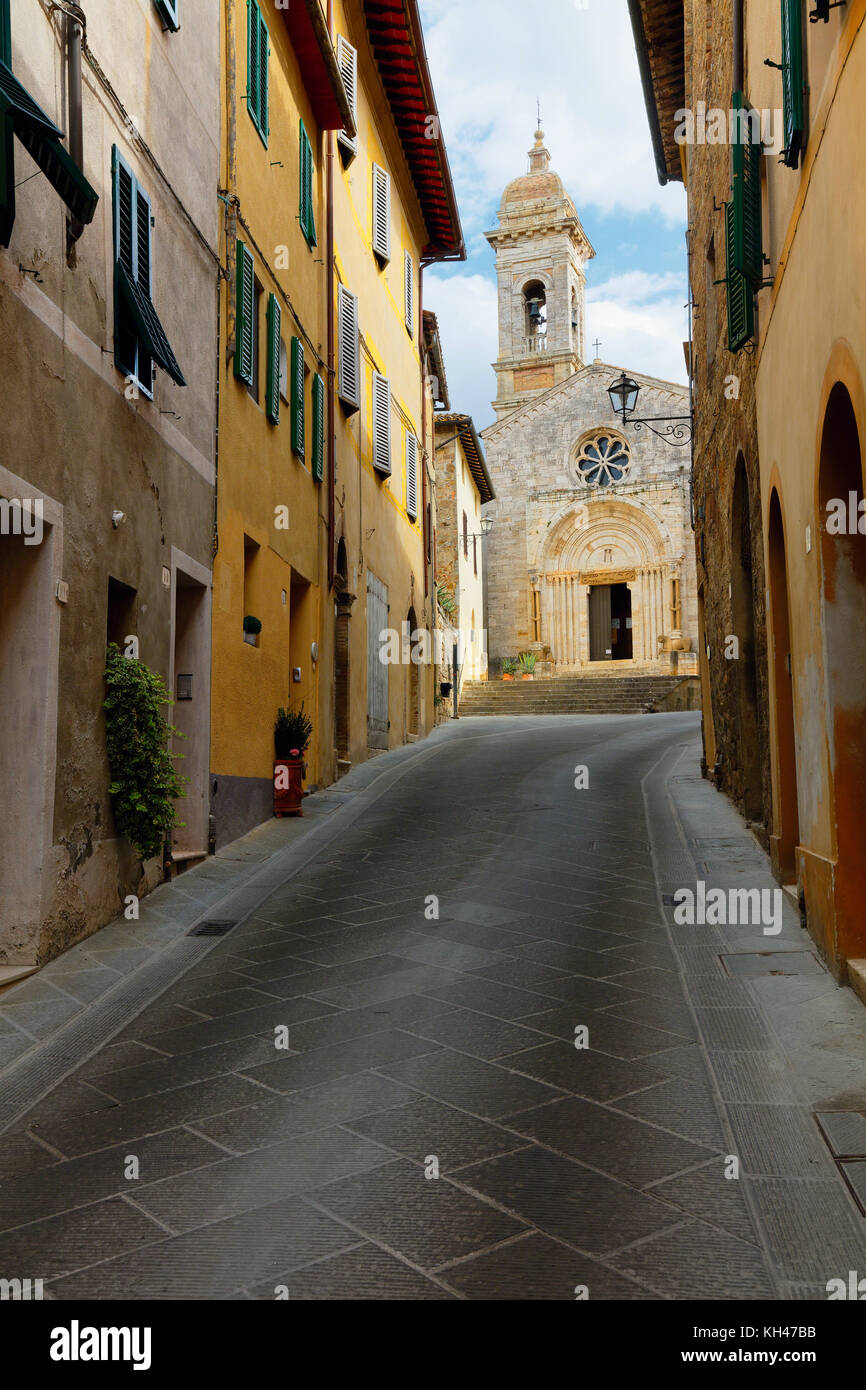 Low Angle View of the Collegiate Church of San Quirico d'Orcia, Tuscany, Italy Stock Photo