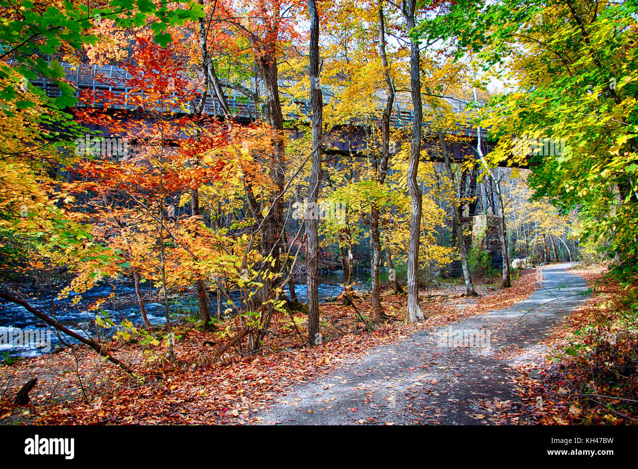Path Along the River with the Columbia Trail Footbridge, Ken Lockwood Gorge, Hunterdon County, New Jersey Stock Photo