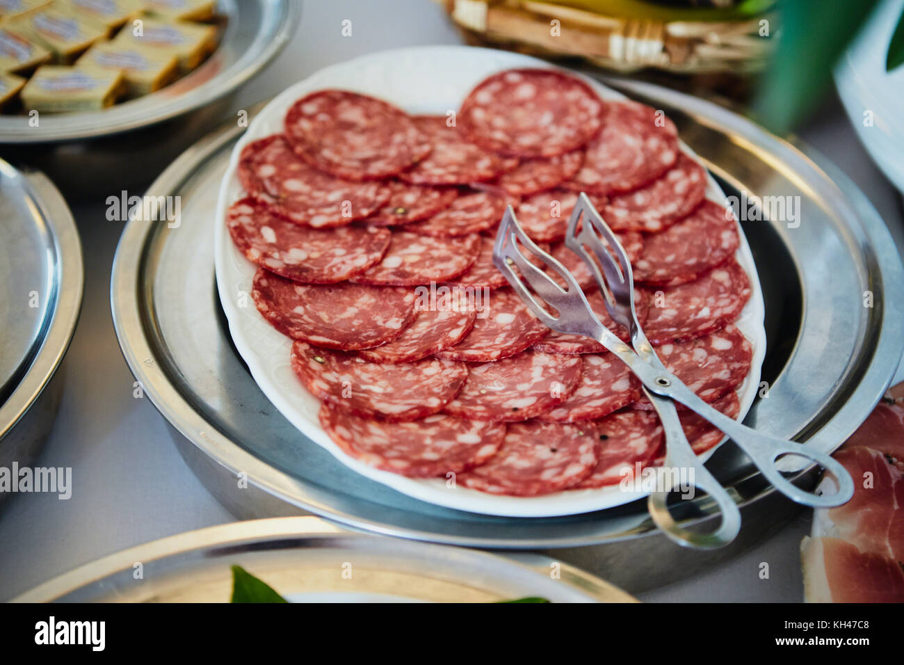 Close Up View of a Platefull of Sliced Salami on a Buffet Table, Positano, Italy Stock Photo