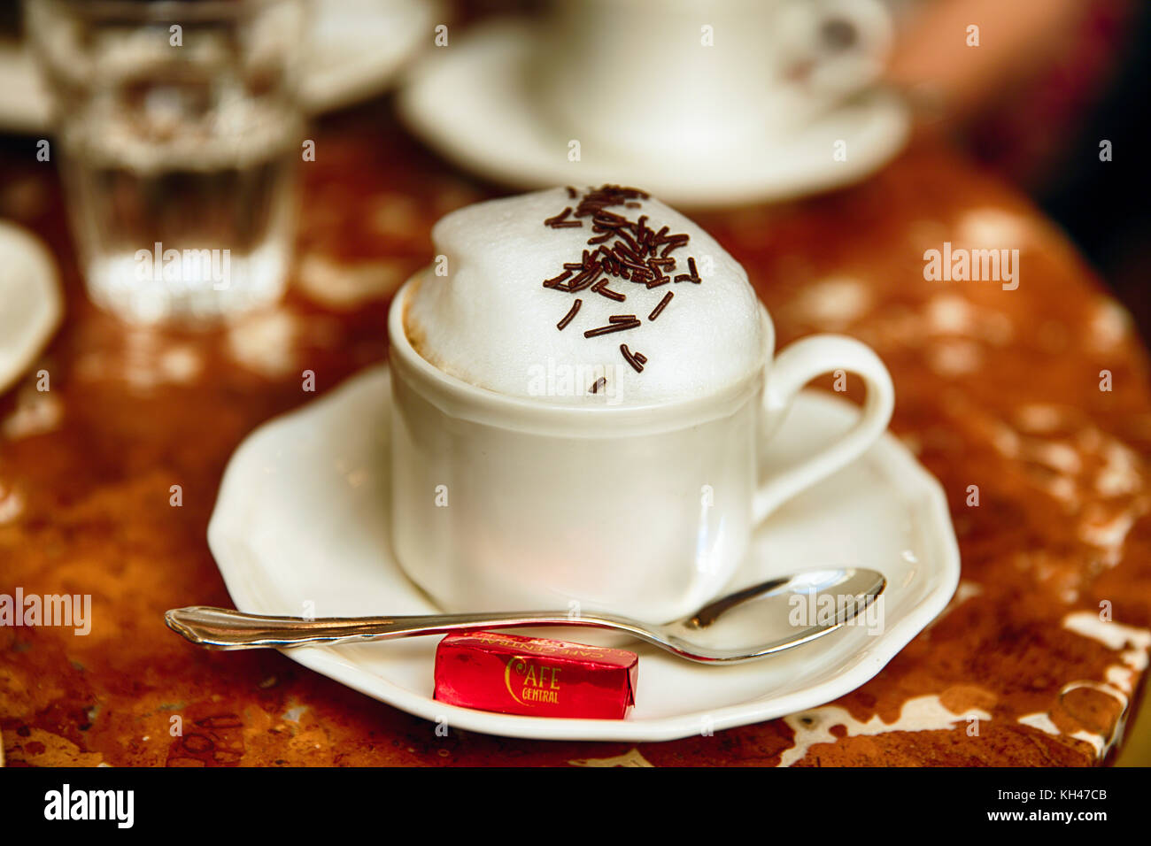 Close Up View of Cup of Cappuccino, Cafe Central, Vienna, Austria Stock Photo