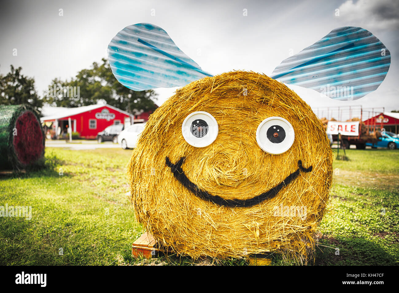 Hay Bale Decorationsa Bumble Bee Resemblance on a Farmstand, New Jersey Stock Photo