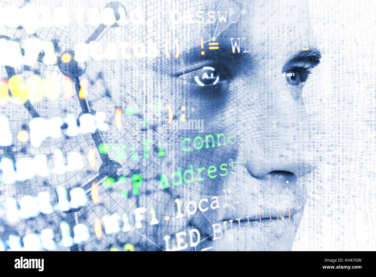 Machine learning systems technology , accurate facial recognition biometric technology and artificial intelligence concept. Double exposure of Human f Stock Photo