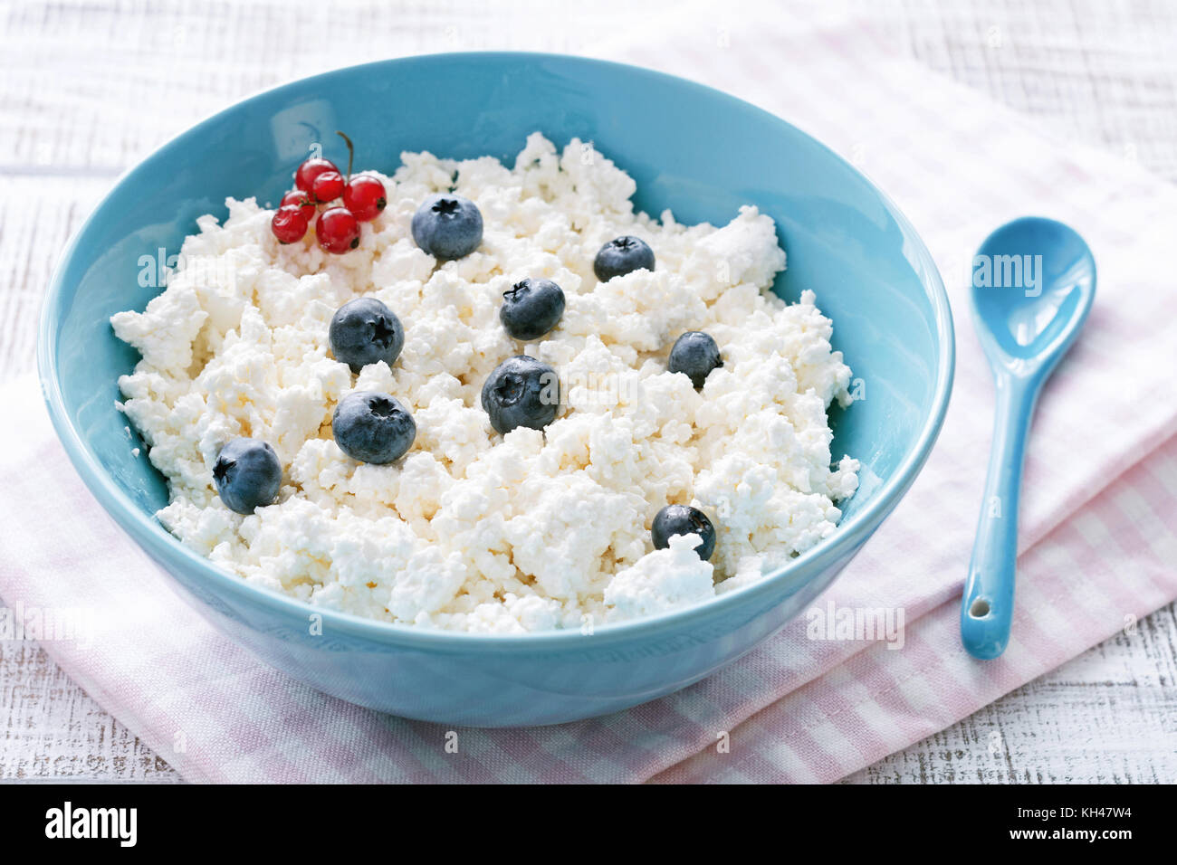 Organic curd cheese, farmer's cheese or cottage cheese in blue bowl