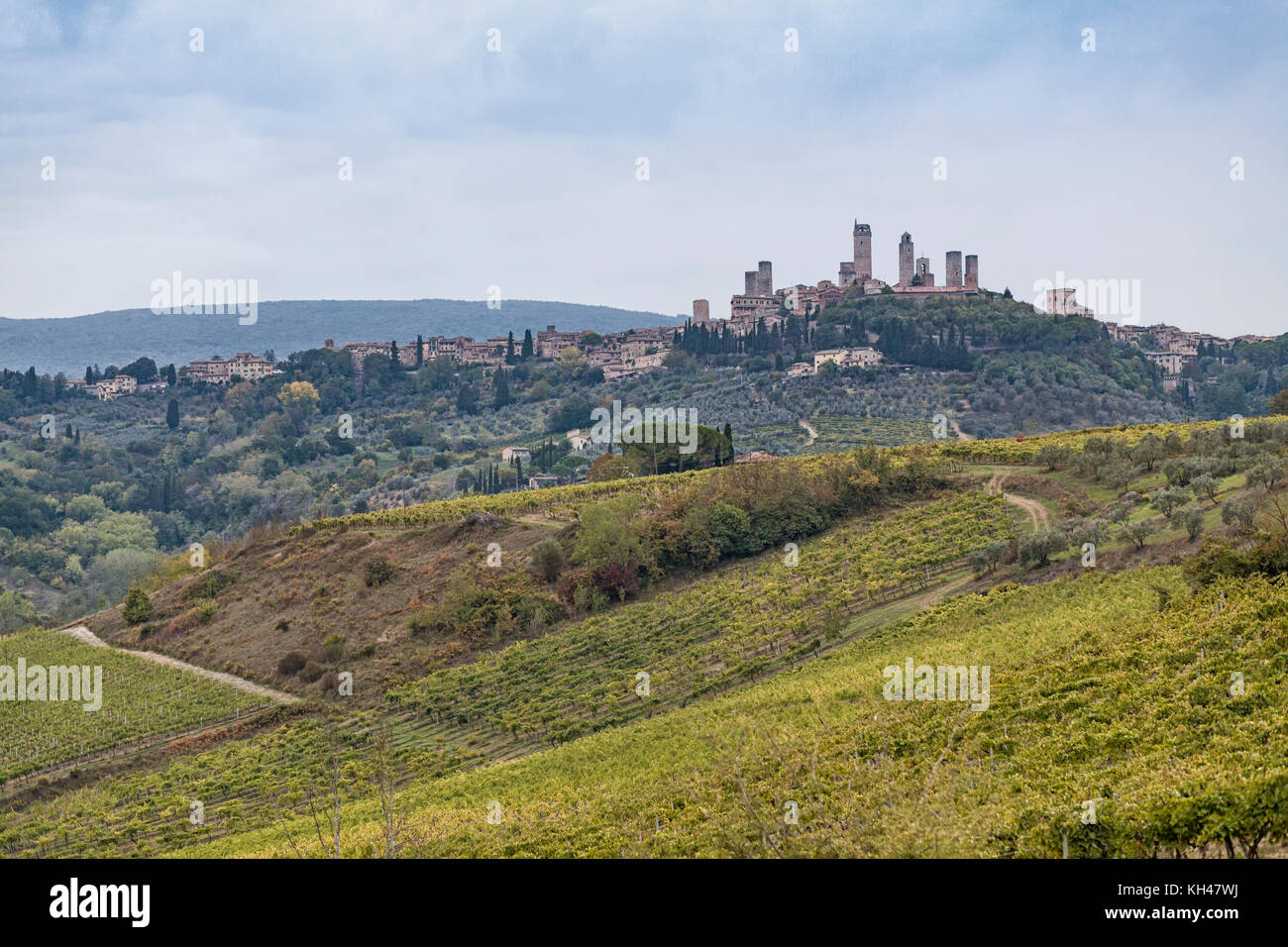 Beautiful hills with vineyards in Tuscany with UNESCO town San Gimignano in Italy Stock Photo