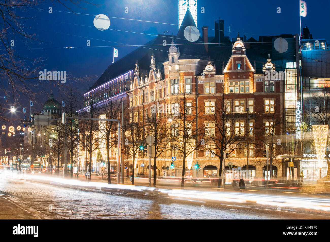 Helsinki, Finland - December 7, 2016: Night View Of Traffic Light Trails In Mannerheim Avenue Street In Evening Or Night Illumination. Stock Photo