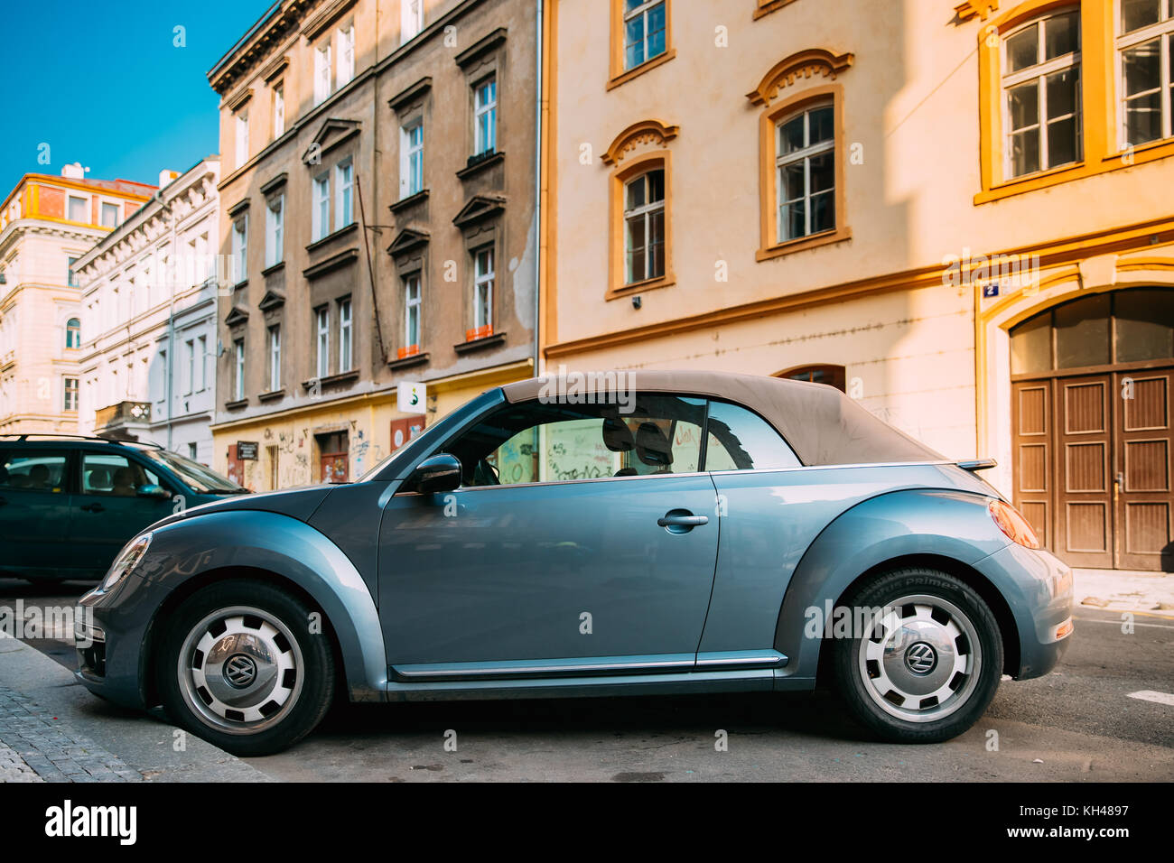 Prague, Czech Republic - September 23, 2017: Side View Of Blue Volkswagen New Beetle Cabriolet Car Parked In Street. Stock Photo