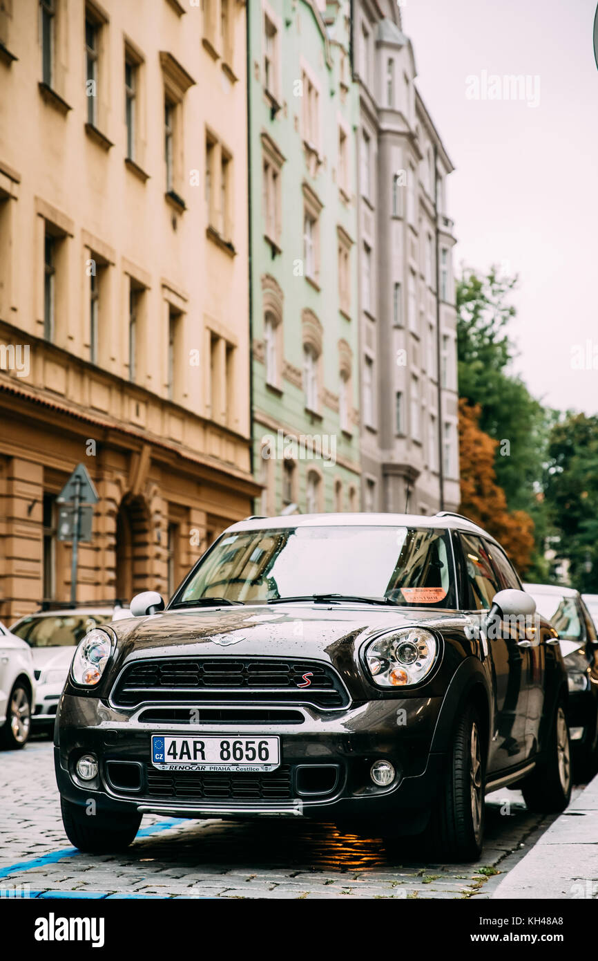 Prague, Czech Republic - September 24, 2017: Front View Of Black Mini Cooper Countryman S All4 Sd Car With 2.0 Litre Turbodiesel Engine Parked In Stre Stock Photo