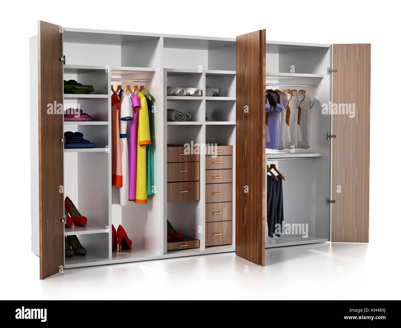 Wardrobe with clothes and accessories isolated on white background. 3D illustration. Stock Photo