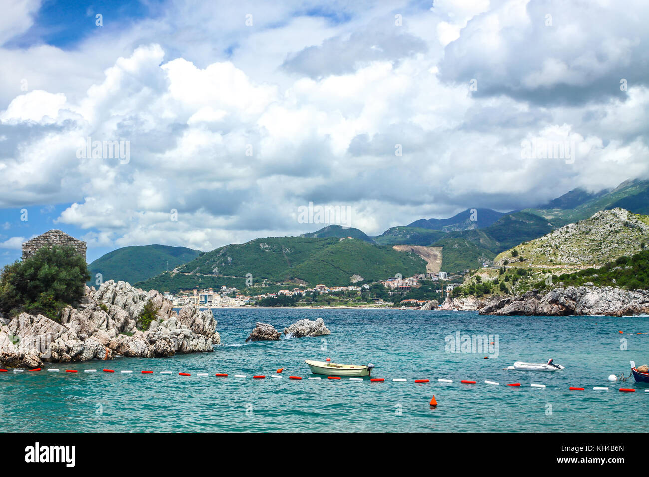 Picturesque summer view of Adriatic seacoast in Budva Riviera. Przno beach, Milocer, Montenegro Stock Photo