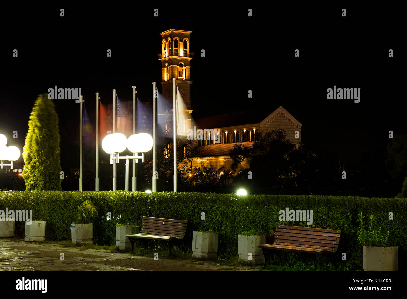 Cathedral of Saint Mother Teresa in Pristina at night. Stock Photo