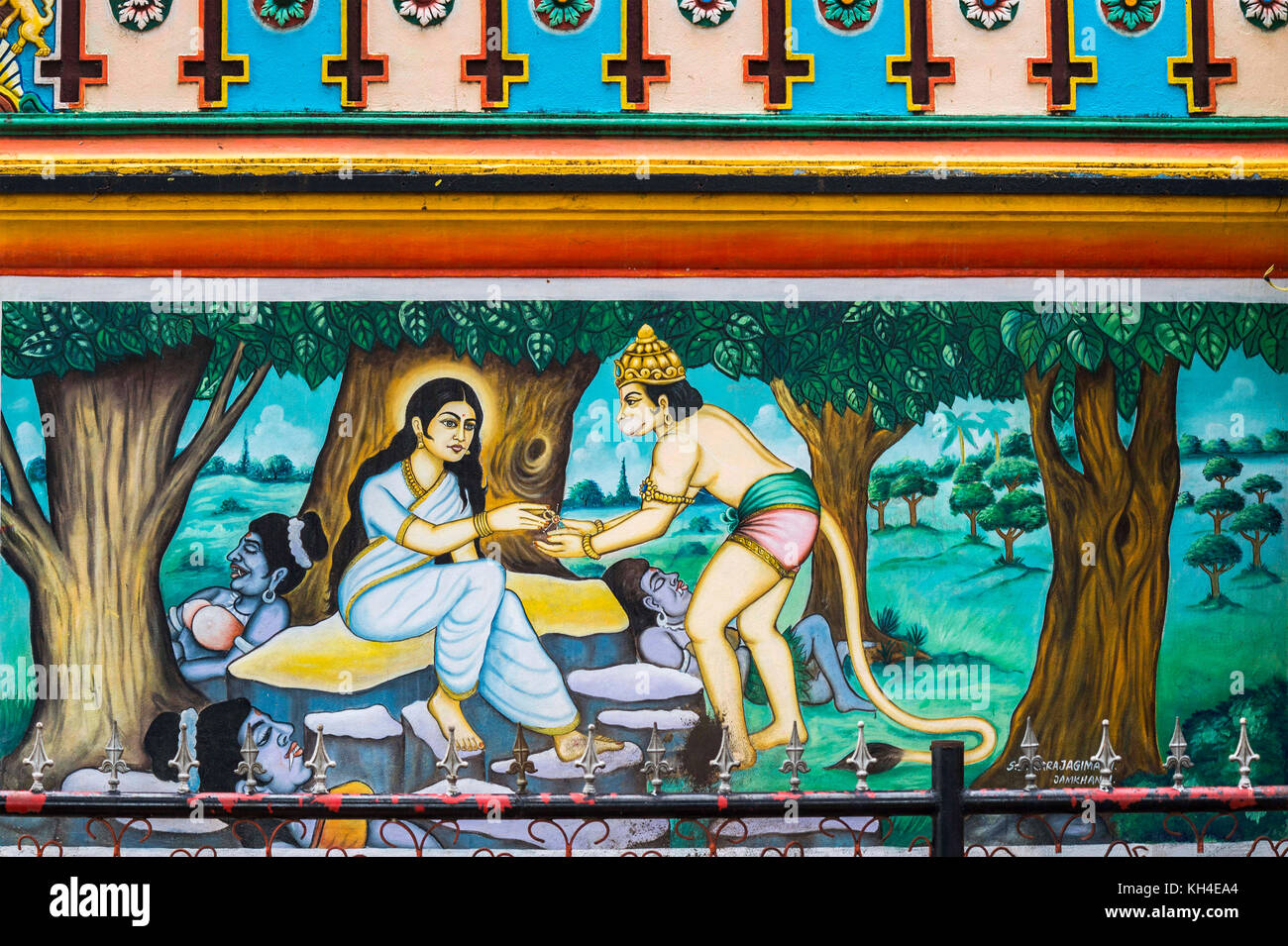 sita and Hanuman in ashok vatika painting, anjaneya temple, karnataka, India, Asia Stock Photo