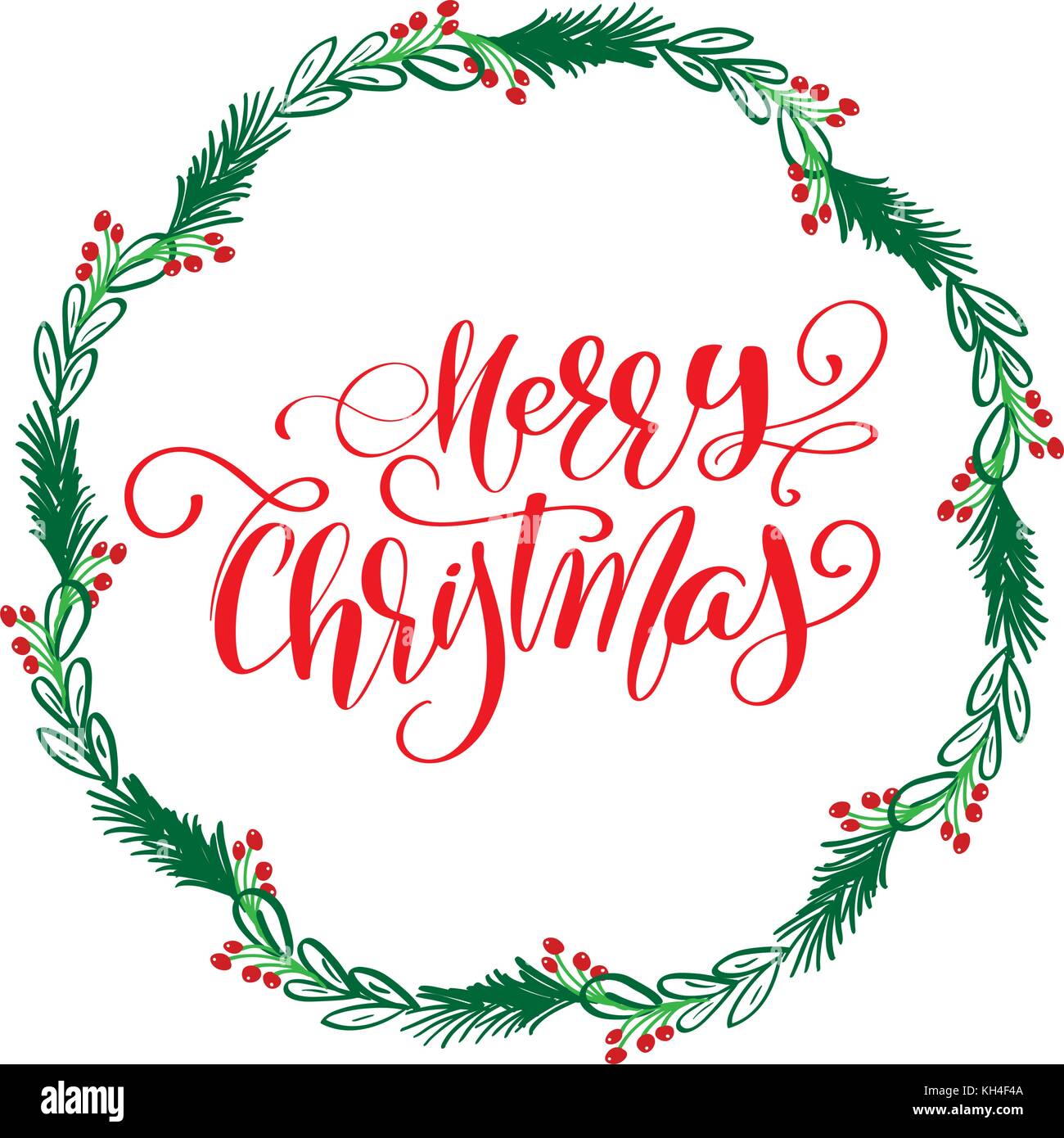 Merry Christmas Calligraphy Lettering text and a wreath with fir tree ...