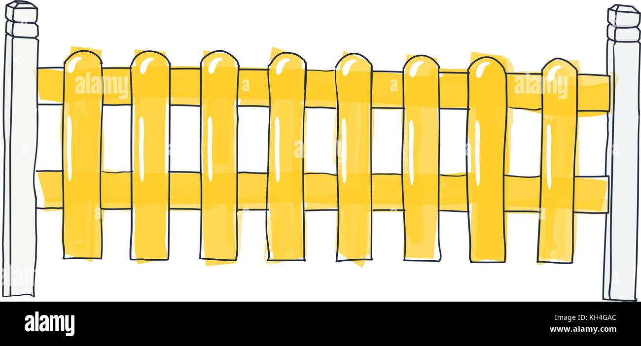 Funny sketch fence from flat slats, painted in yellow Vector sketch in doodle style of pen on paper with space for text on white background Stock Vector