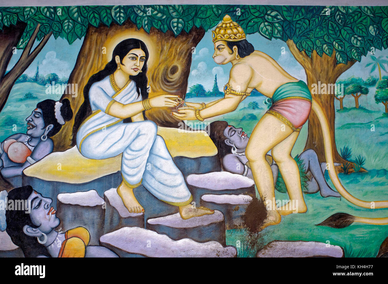hanuman and sita, Lanka prison of Ravana, wall painting, anjaneya temple, karnataka, India, Asia Stock Photo