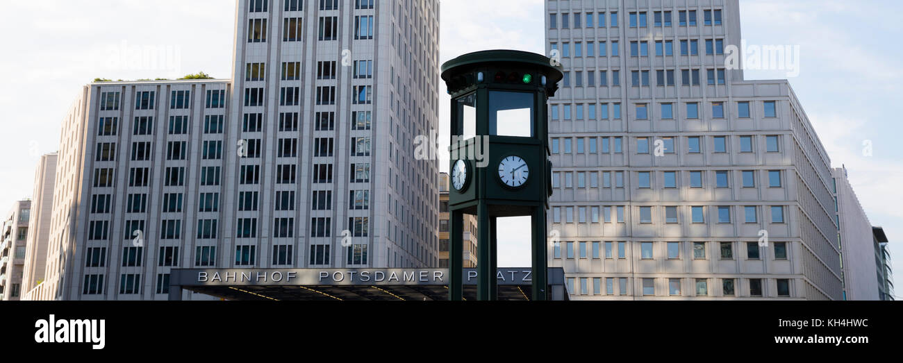 Historical traffic light and  Beisheim Center at Potsdamer Platz, Berlin, Germany, Europe Stock Photo