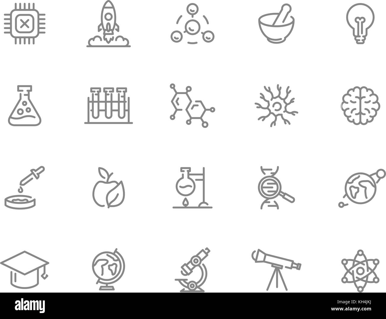 Set of vector science and research line icons. Chip, rocket, atom, ion