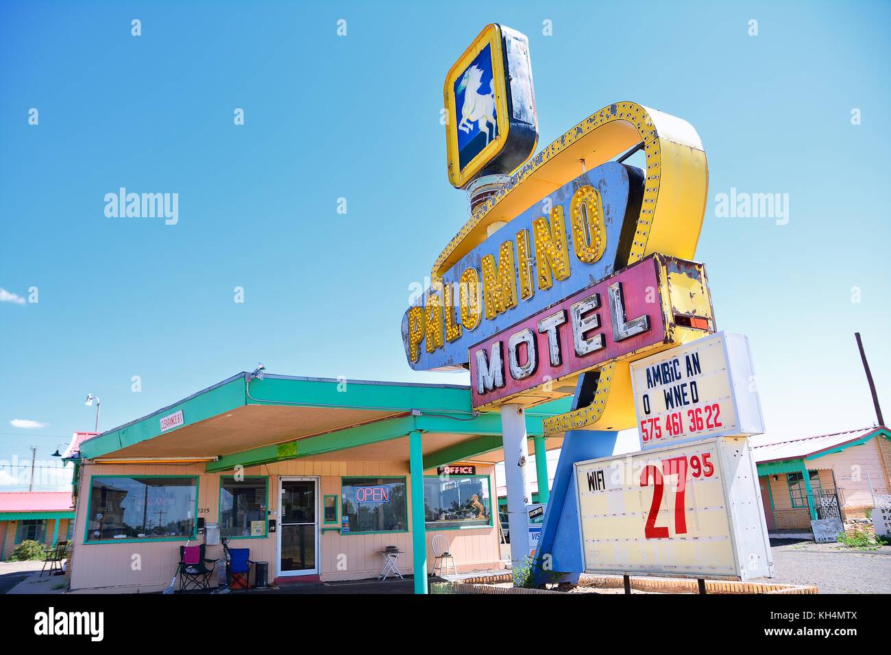 TUCUMCARI, NEW MEXICO - JULY 21: Palomino Motel on Historic Route 66 on July 21, 2017 in Tucumcari, New Mexico. The Palomino Motel has been serving tr Stock Photo